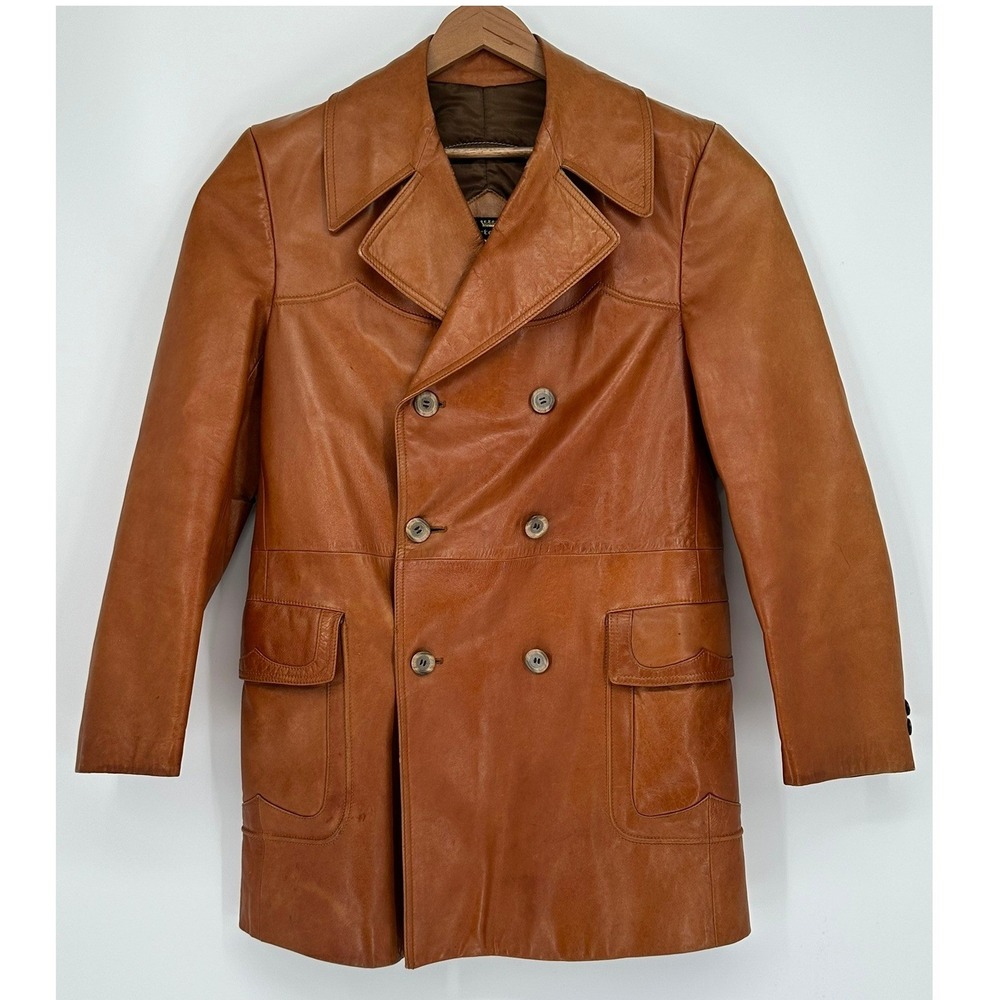 Vintage Cortefiel Men 40 Cognac Brown Leather Double Breasted Coat Made in Spain